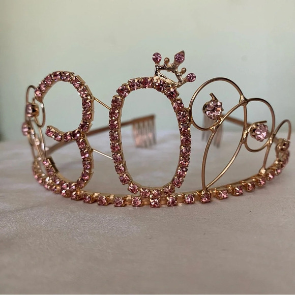 Happy 30th Birthday Set Pink Crystal Tiara and Black BDay Bag Balloon Weight - Picture 4 of 7